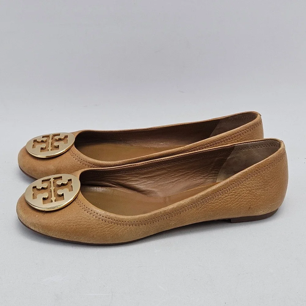 Tory Burch Tan Leather Reva Ballet Flats with Gold Logo